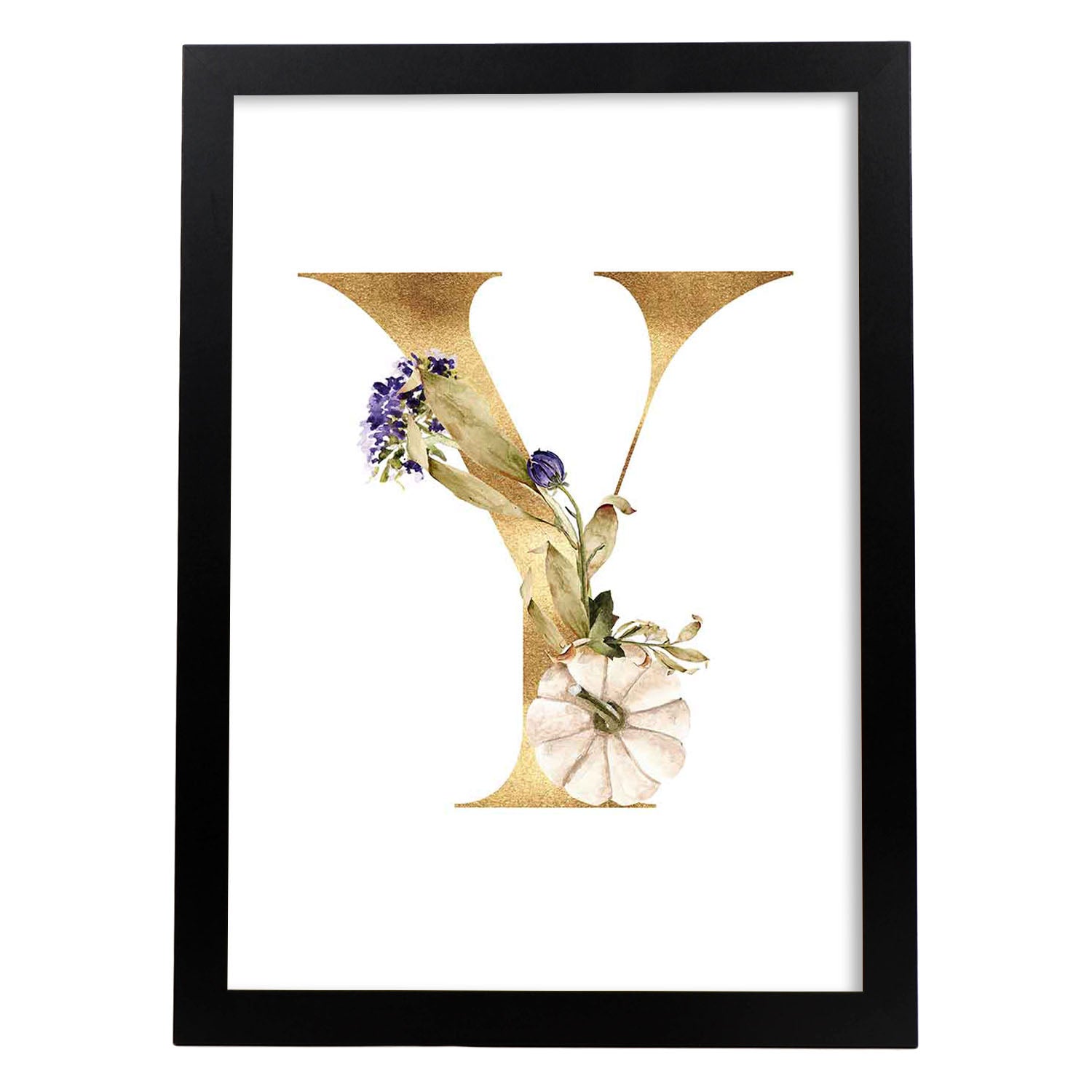 Poster de letra Y. Lámina estilo Dorado Floral con imágenes del alfabeto.-Artwork-Nacnic-A3-Marco Negro-Nacnic Estudio SL