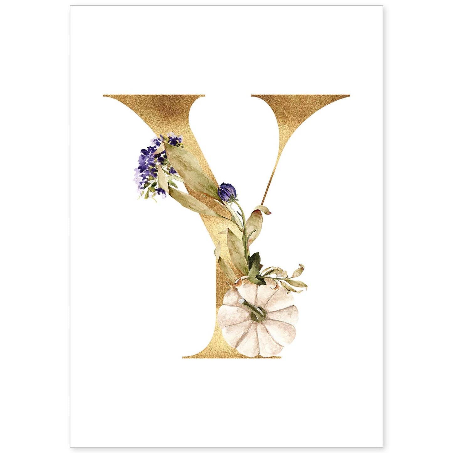 Poster de letra Y. Lámina estilo Dorado Floral con imágenes del alfabeto.-Artwork-Nacnic-A4-Sin marco-Nacnic Estudio SL