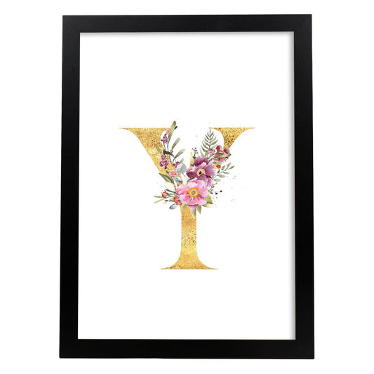 Poster de letra Y. Lámina estilo Dorado Rosa con imágenes del alfabeto.-Artwork-Nacnic-A4-Marco Negro-Nacnic Estudio SL