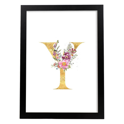 Poster de letra Y. Lámina estilo Dorado Rosa con imágenes del alfabeto.-Artwork-Nacnic-A4-Marco Negro-Nacnic Estudio SL