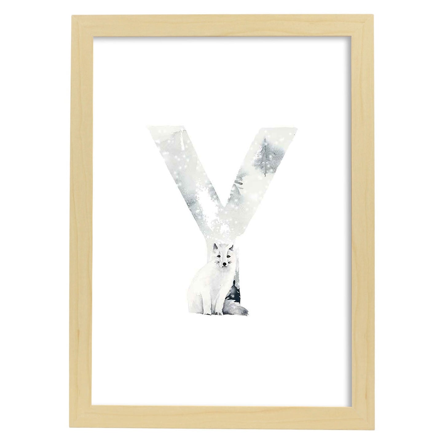 Poster de letra Y. Lámina estilo Invierno con imágenes del alfabeto.-Artwork-Nacnic-A3-Marco Madera clara-Nacnic Estudio SL