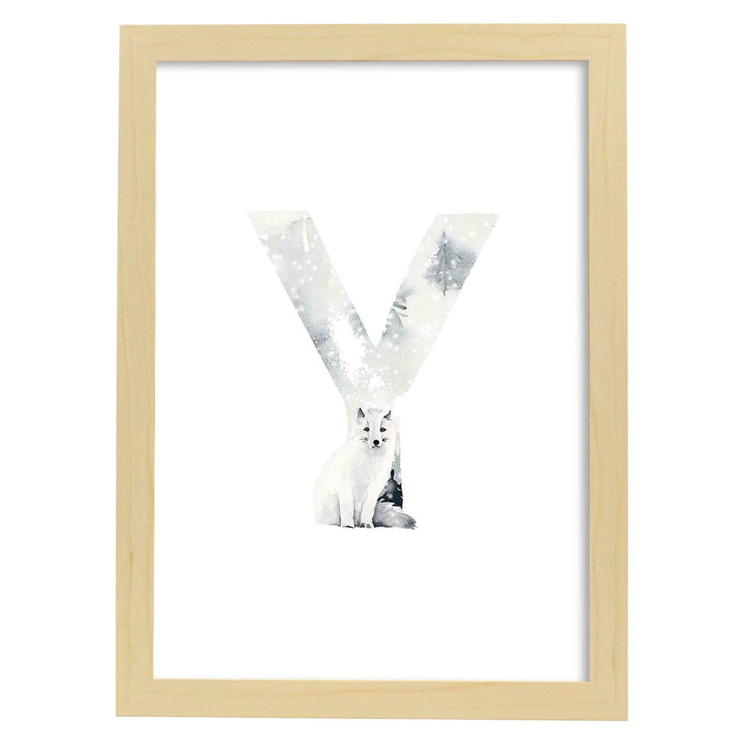 Poster de letra Y. Lámina estilo Invierno con imágenes del alfabeto.-Artwork-Nacnic-A4-Marco Madera clara-Nacnic Estudio SL
