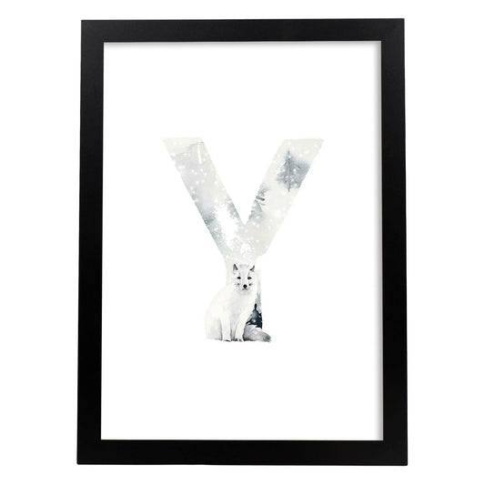 Poster de letra Y. Lámina estilo Invierno con imágenes del alfabeto.-Artwork-Nacnic-A4-Marco Negro-Nacnic Estudio SL