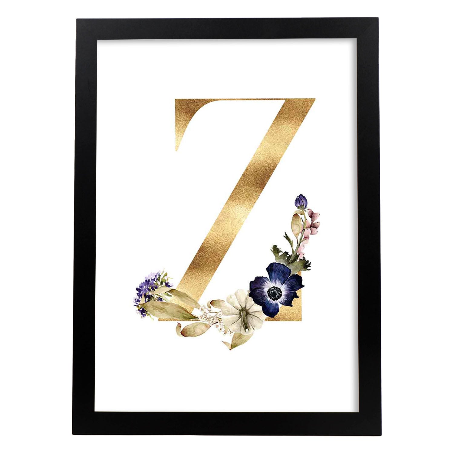 Poster de letra Z. Lámina estilo Dorado Floral con imágenes del alfabeto.-Artwork-Nacnic-A3-Marco Negro-Nacnic Estudio SL