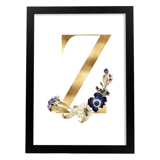 Poster de letra Z. Lámina estilo Dorado Floral con imágenes del alfabeto.-Artwork-Nacnic-A4-Marco Negro-Nacnic Estudio SL