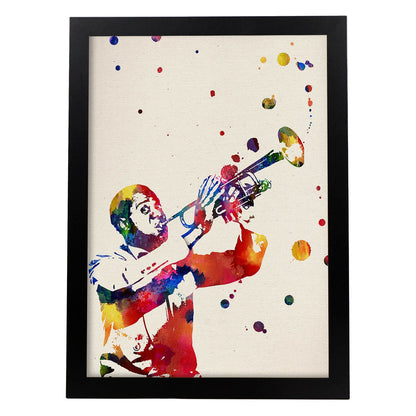 Poster de Louis Armstrong con diseño acuarela. Mix de láminas con estilo acuarela-Artwork-Nacnic-A4-Marco Negro-Nacnic Estudio SL