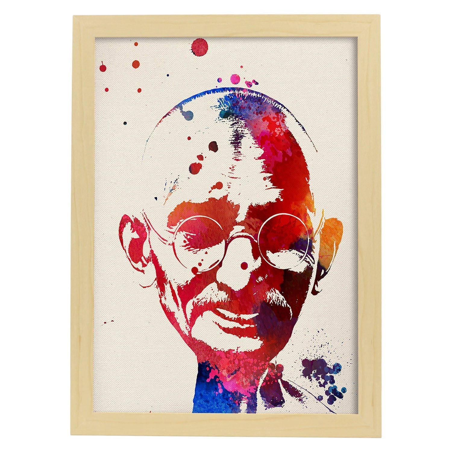 Poster de Mahatma Gandhi con diseño acuarela. Mix de láminas con estilo acuarela-Artwork-Nacnic-A4-Marco Madera clara-Nacnic Estudio SL