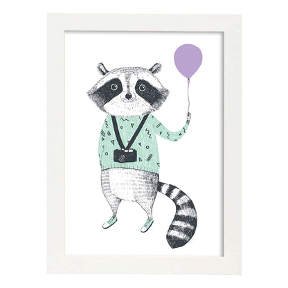 Poster de Mapache con globo. Lámina de animales coloridos.-Artwork-Nacnic-A4-Marco Blanco-Nacnic Estudio SL