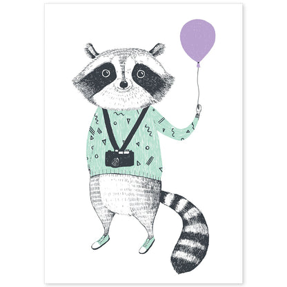 Poster de Mapache con globo. Lámina de animales coloridos.-Artwork-Nacnic-A4-Sin marco-Nacnic Estudio SL