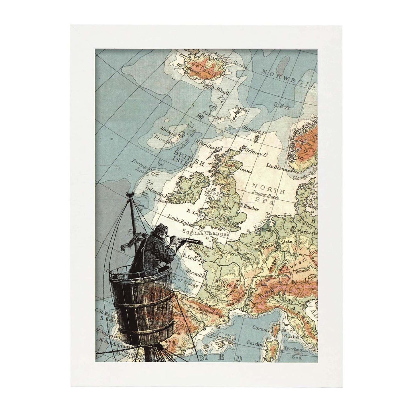 Poster de Marinero con catalejo. Láminas de mapas del mundo. Decoración con mapas e imágenes vintage.-Artwork-Nacnic-A3-Marco Blanco-Nacnic Estudio SL