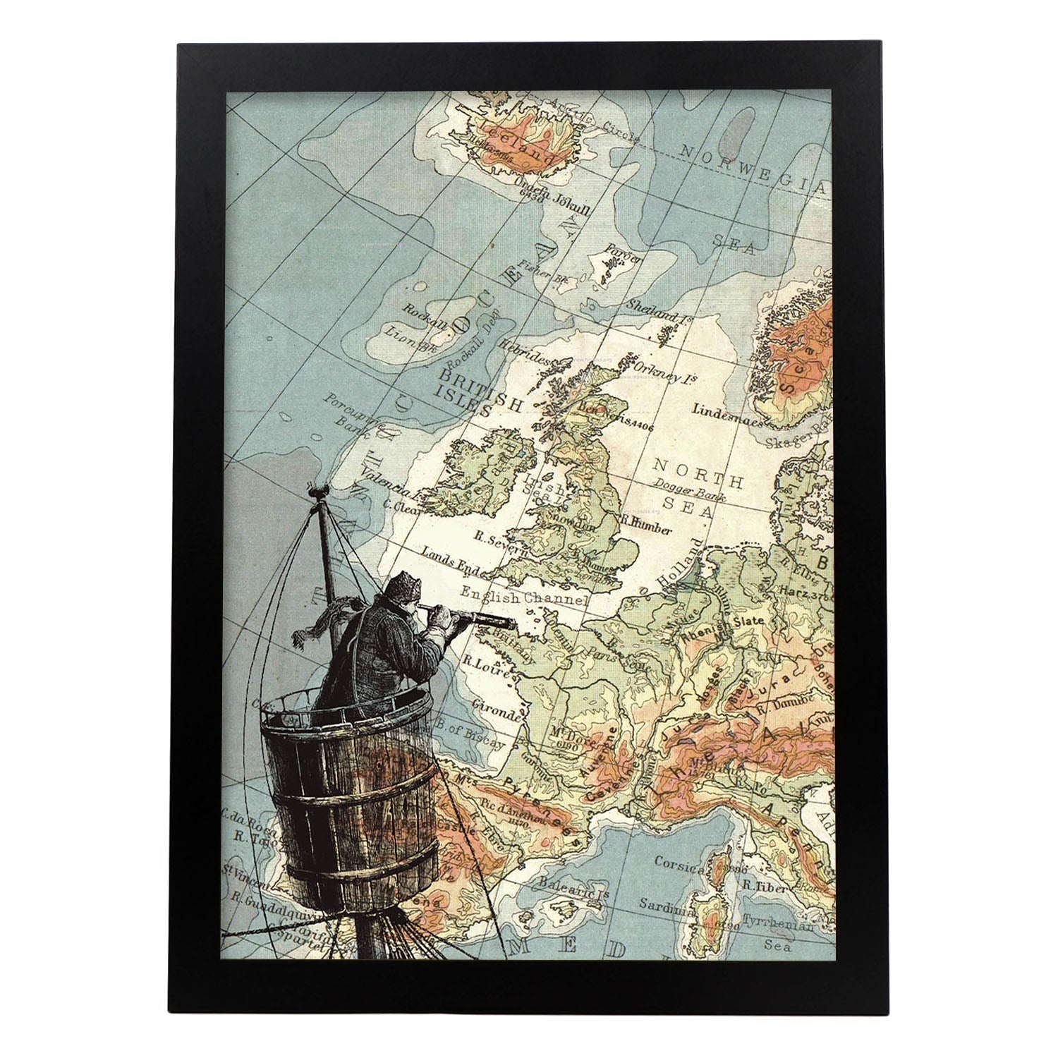 Poster de Marinero con catalejo. Láminas de mapas del mundo. Decoración con mapas e imágenes vintage.-Artwork-Nacnic-A3-Marco Negro-Nacnic Estudio SL