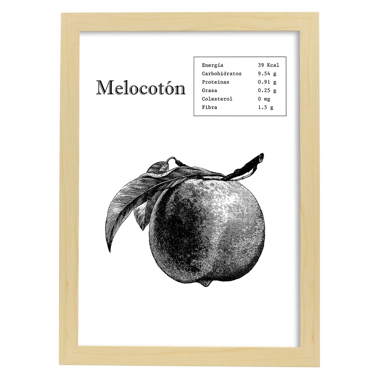 Poster de Melocotón. Láminas de frutas y verduras.-Artwork-Nacnic-A3-Marco Madera clara-Nacnic Estudio SL
