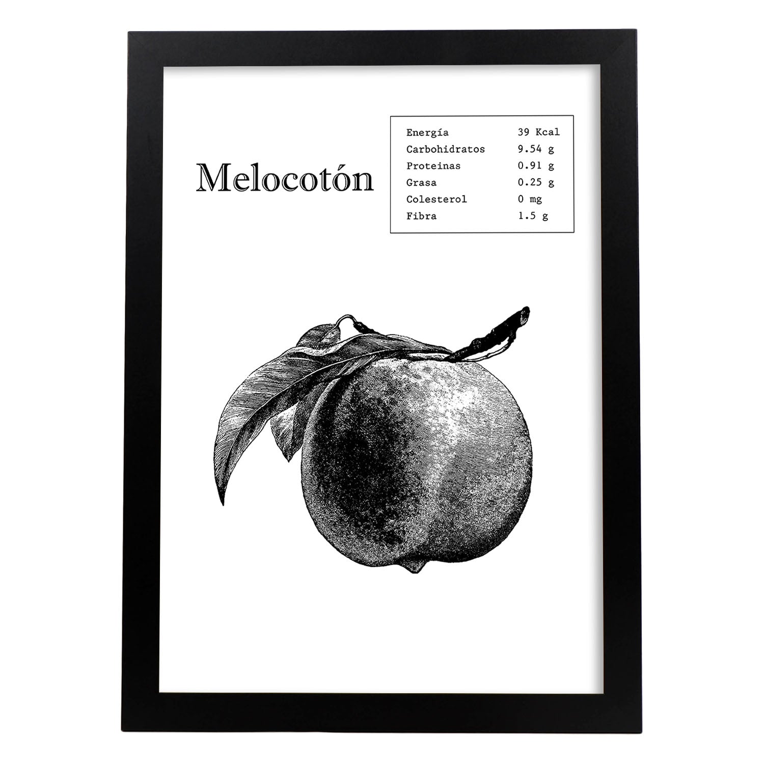 Poster de Melocotón. Láminas de frutas y verduras.-Artwork-Nacnic-A3-Marco Negro-Nacnic Estudio SL