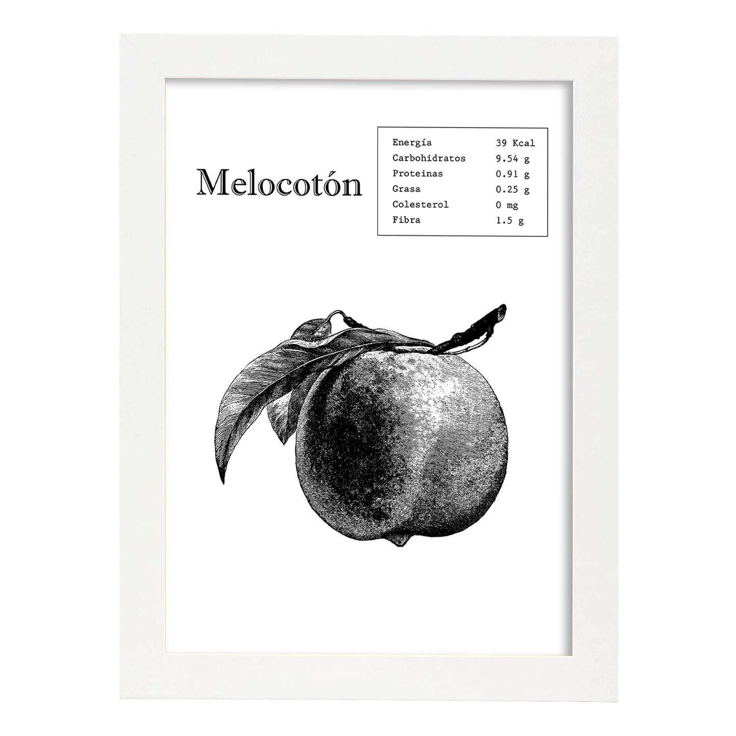Poster de Melocotón. Láminas de frutas y verduras.-Artwork-Nacnic-A4-Marco Blanco-Nacnic Estudio SL