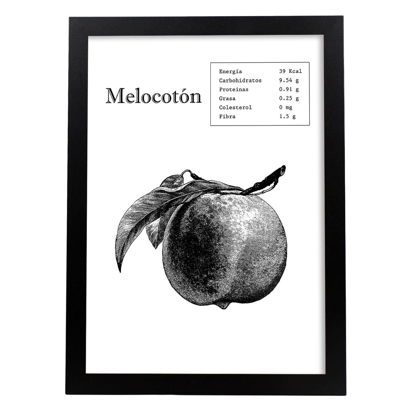 Poster de Melocotón. Láminas de frutas y verduras.-Artwork-Nacnic-A4-Marco Negro-Nacnic Estudio SL