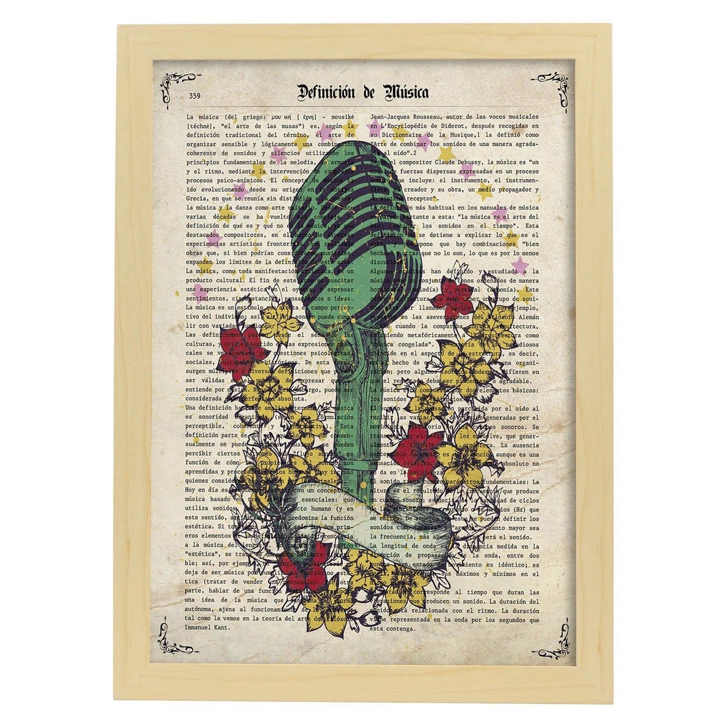 Poster de Microfono con flores. Láminas musicales con definiciones para-Artwork-Nacnic-A3-Marco Madera clara-Nacnic Estudio SL