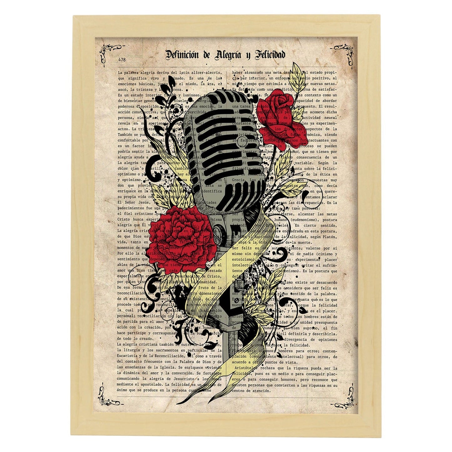 Poster de Microfono con rosas. Láminas musicales con definiciones para-Artwork-Nacnic-A3-Marco Madera clara-Nacnic Estudio SL