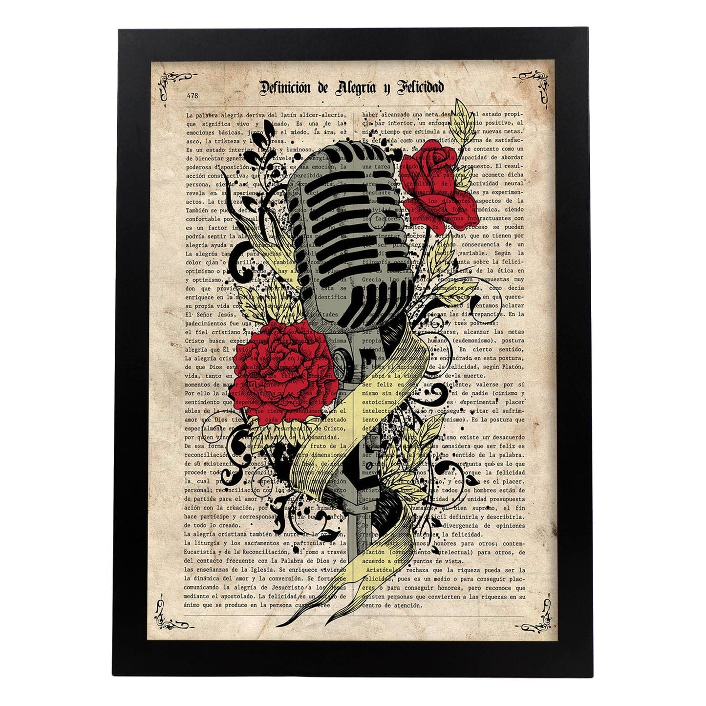 Poster de Microfono con rosas. Láminas musicales con definiciones para-Artwork-Nacnic-A3-Marco Negro-Nacnic Estudio SL