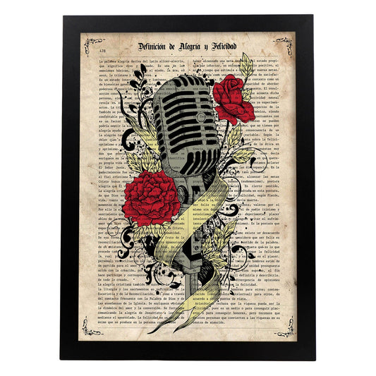 Poster de Microfono con rosas. Láminas musicales con definiciones para-Artwork-Nacnic-A4-Marco Negro-Nacnic Estudio SL