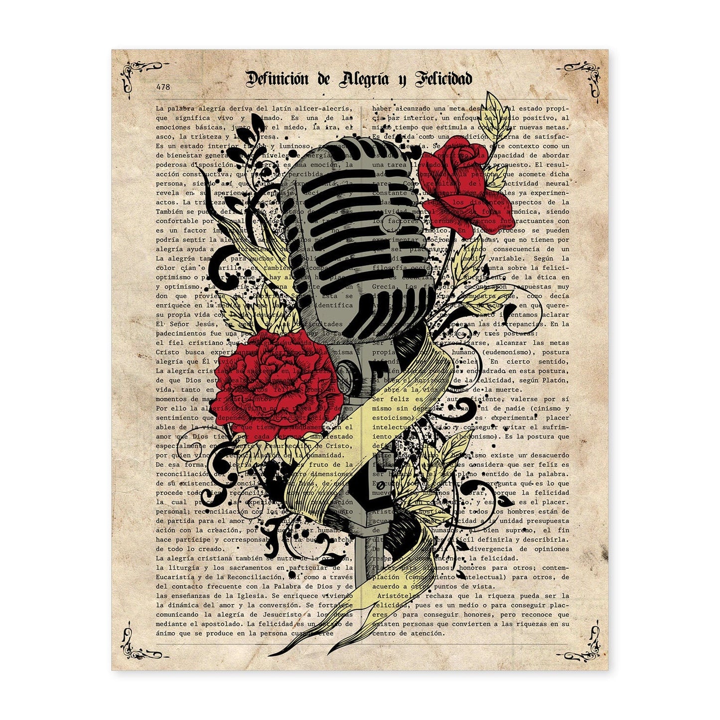 Poster de Microfono con rosas. Láminas musicales con definiciones para-Artwork-Nacnic-A4-Sin marco-Nacnic Estudio SL