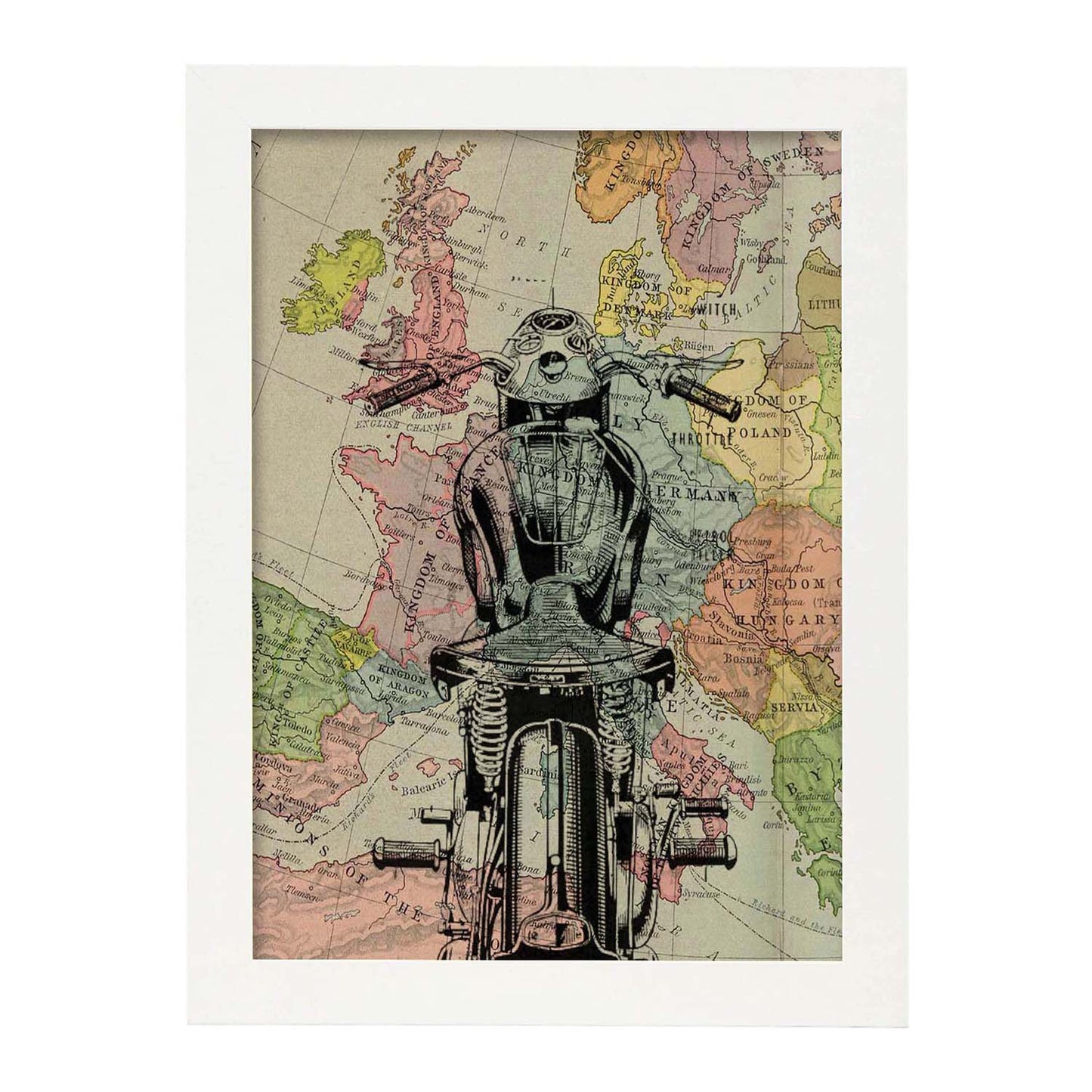 Poster de Moto en Francia. Láminas de mapas del mundo. Decoración con mapas e imágenes vintage.-Artwork-Nacnic-A3-Marco Blanco-Nacnic Estudio SL