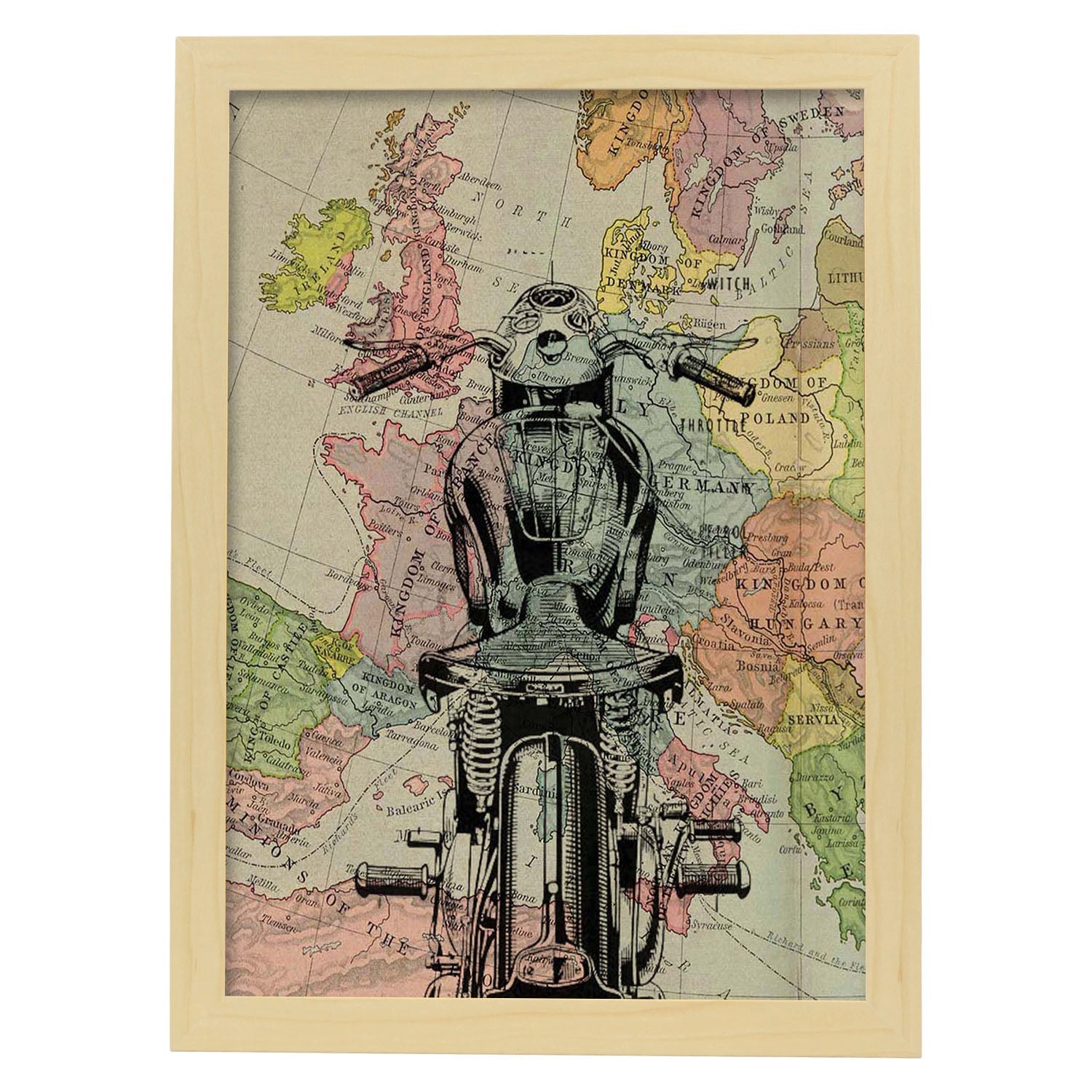 Poster de Moto en Francia. Láminas de mapas del mundo. Decoración con mapas e imágenes vintage.-Artwork-Nacnic-A3-Marco Madera clara-Nacnic Estudio SL
