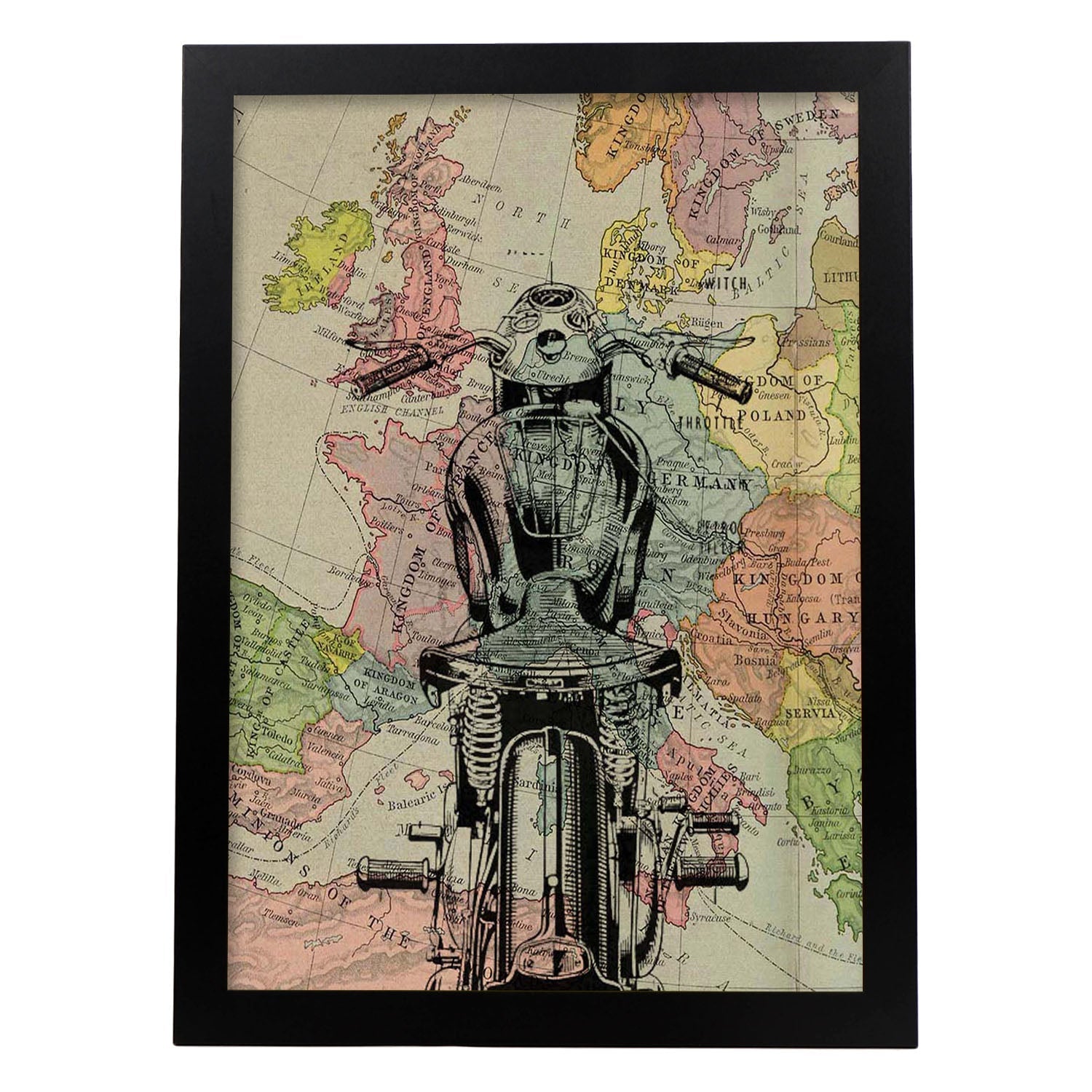 Poster de Moto en Francia. Láminas de mapas del mundo. Decoración con mapas e imágenes vintage.-Artwork-Nacnic-A3-Marco Negro-Nacnic Estudio SL