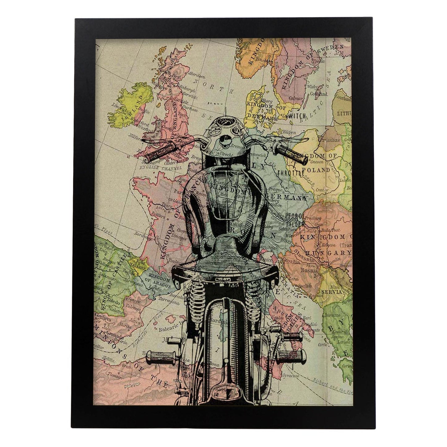 Poster de Moto en Francia. Láminas de mapas del mundo. Decoración con mapas e imágenes vintage.-Artwork-Nacnic-A4-Marco Negro-Nacnic Estudio SL