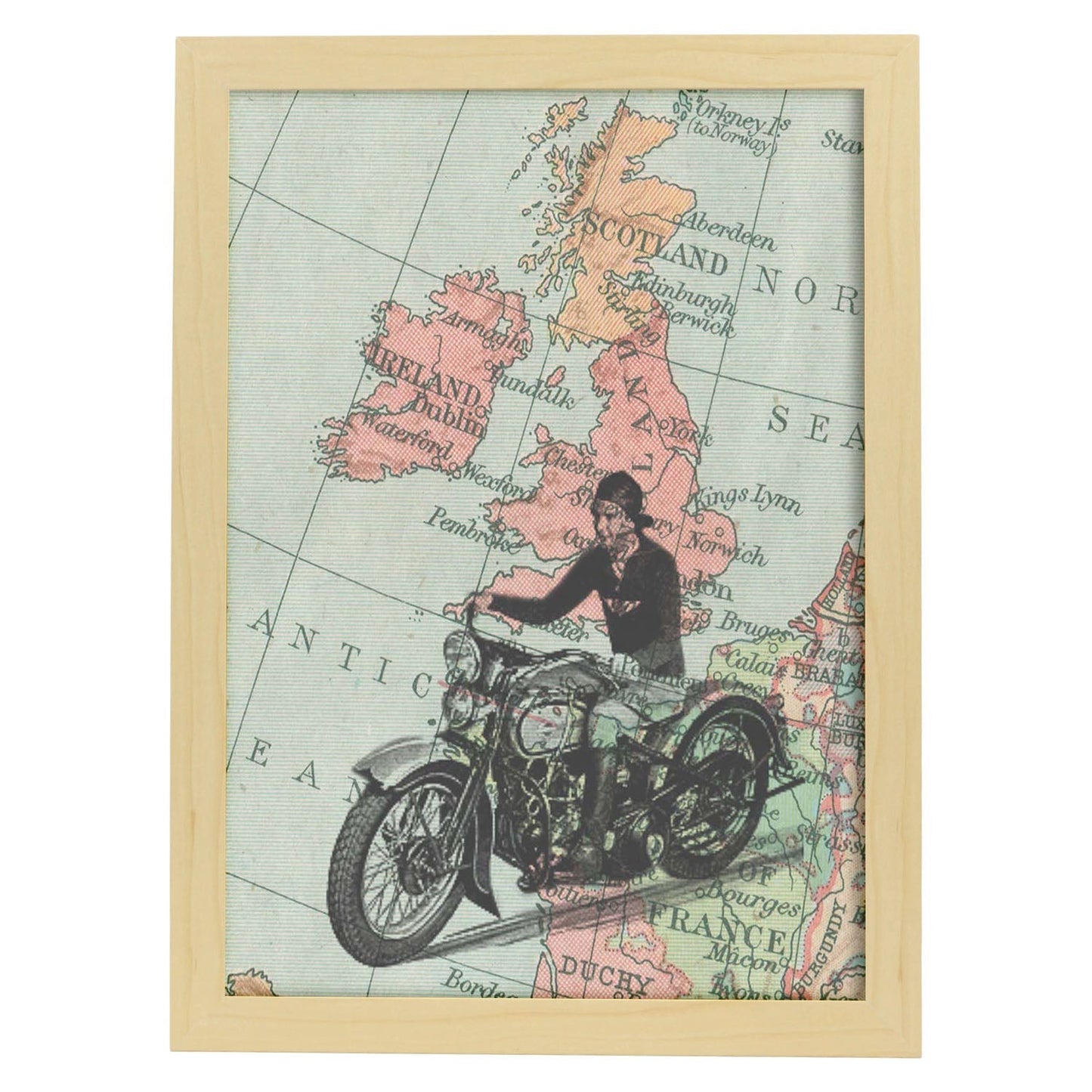 Poster de Moto en Inglaterra. Láminas de mapas del mundo. Decoración con mapas e imágenes vintage.-Artwork-Nacnic-A3-Marco Madera clara-Nacnic Estudio SL