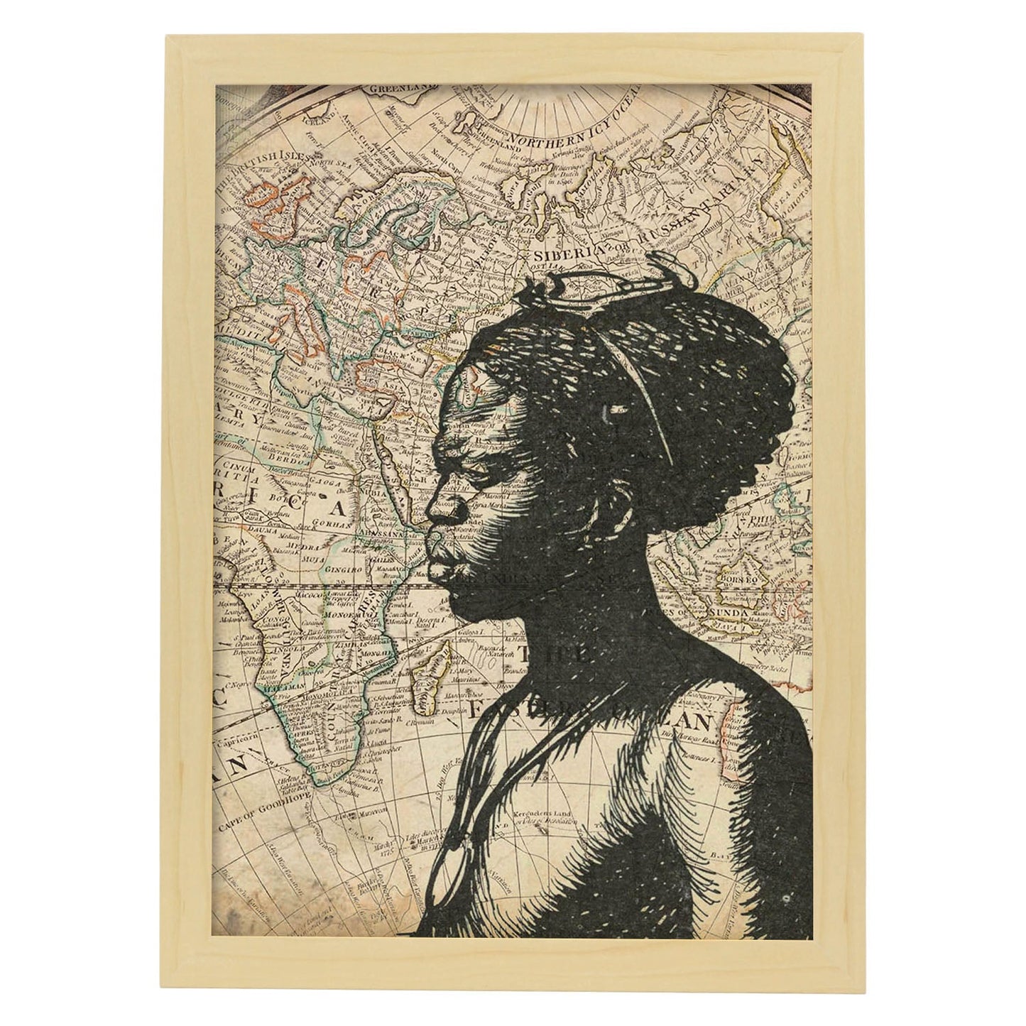 Poster de Mujer mirando Africa. Láminas de mapas del mundo. Decoración con mapas e imágenes vintage.-Artwork-Nacnic-A3-Marco Madera clara-Nacnic Estudio SL