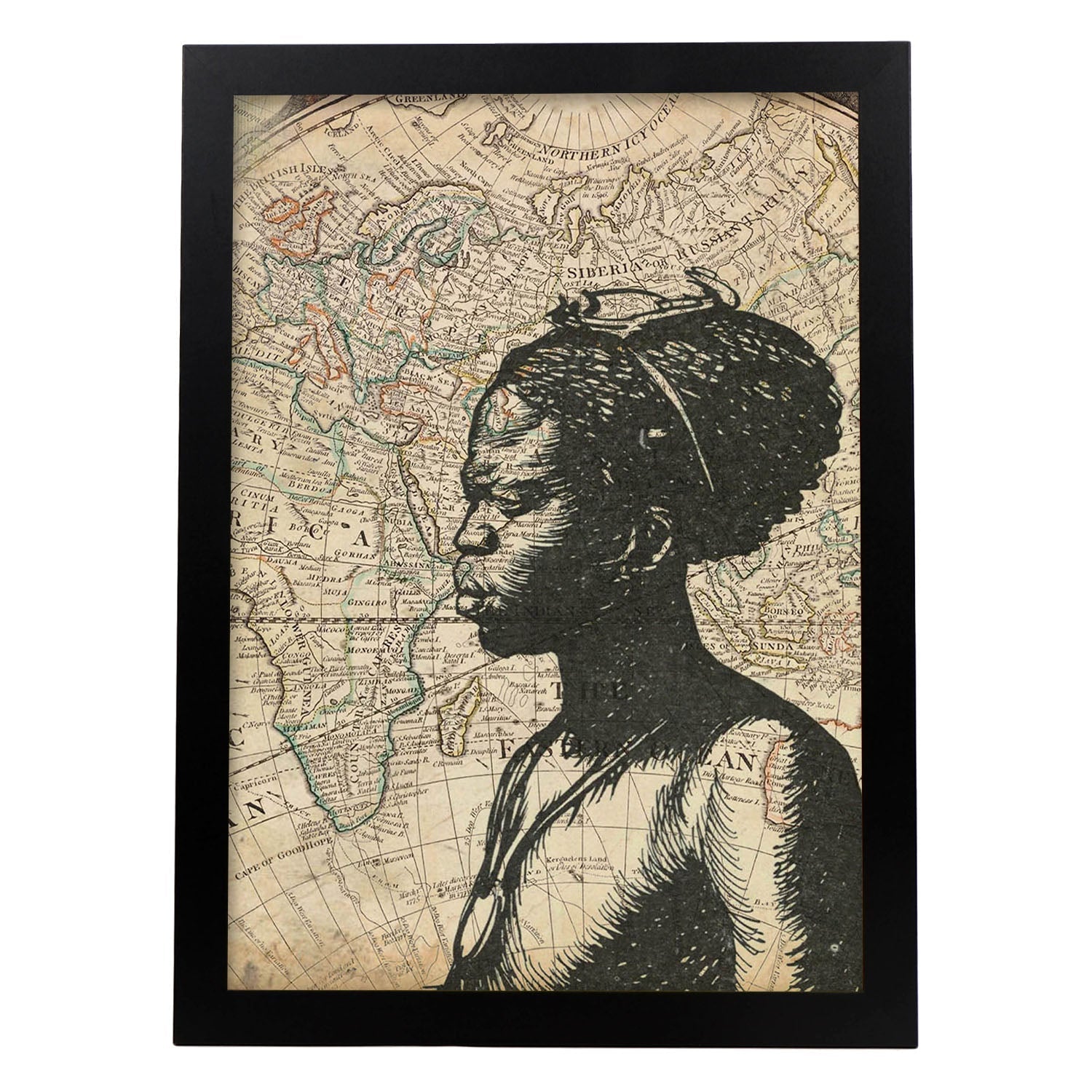 Poster de Mujer mirando Africa. Láminas de mapas del mundo. Decoración con mapas e imágenes vintage.-Artwork-Nacnic-A3-Marco Negro-Nacnic Estudio SL