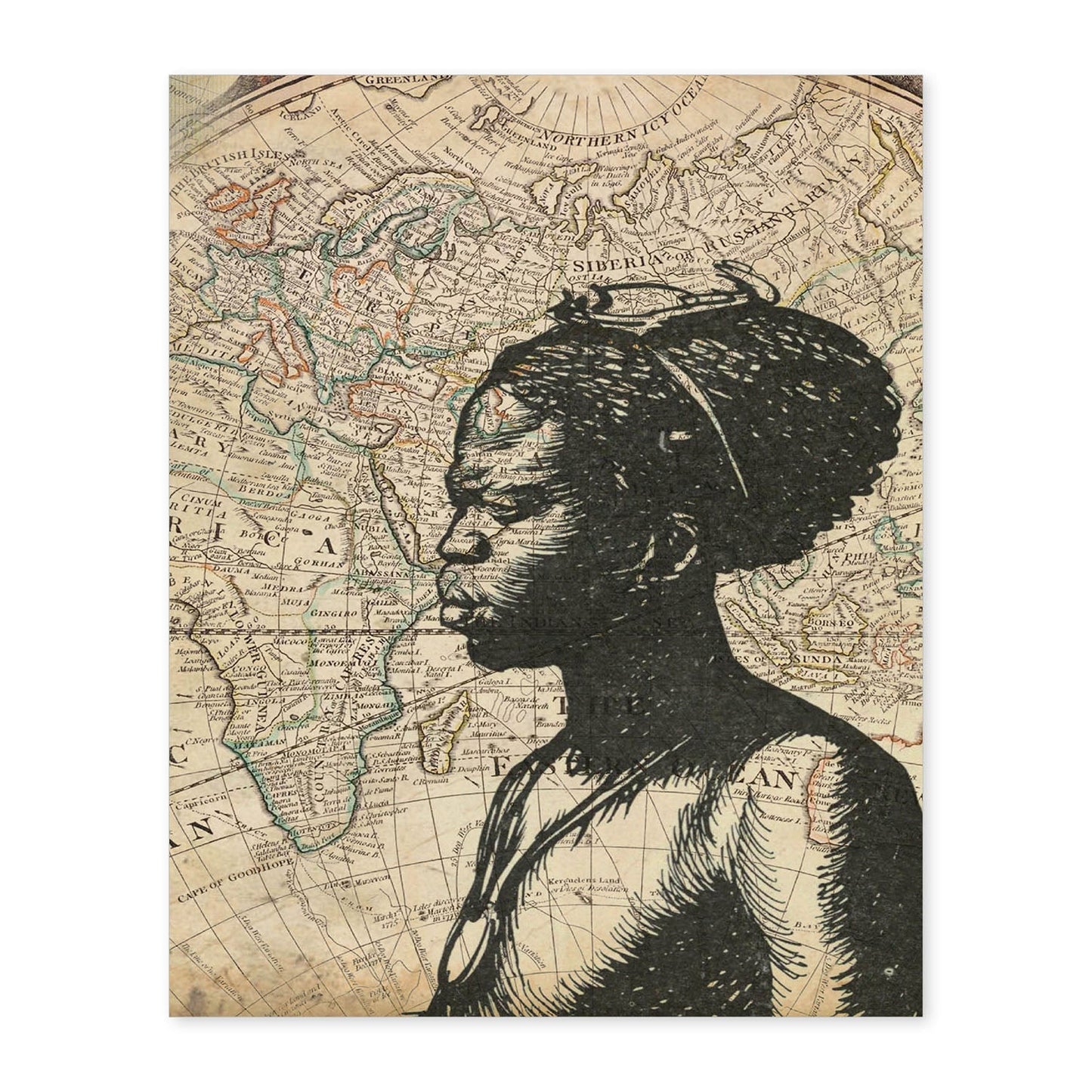 Poster de Mujer mirando Africa. Láminas de mapas del mundo. Decoración con mapas e imágenes vintage.-Artwork-Nacnic-A4-Sin marco-Nacnic Estudio SL