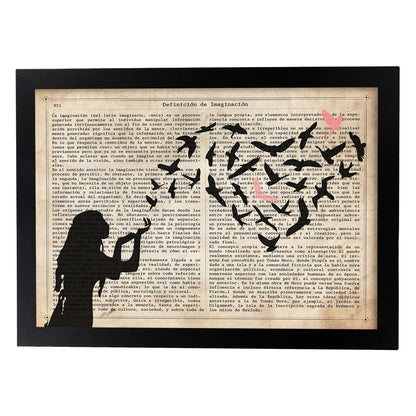 Poster de Niña corazon de pajaros. Lámina para niñas con imágenes de chicas pequeñas.-Artwork-Nacnic-A4-Marco Negro-Nacnic Estudio SL