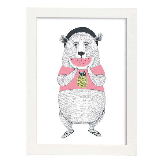 Poster de Oso comiendo sandia. Lámina de animales coloridos.-Artwork-Nacnic-A4-Marco Blanco-Nacnic Estudio SL