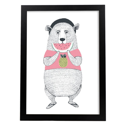 Poster de Oso comiendo sandia. Lámina de animales coloridos.-Artwork-Nacnic-A4-Marco Negro-Nacnic Estudio SL
