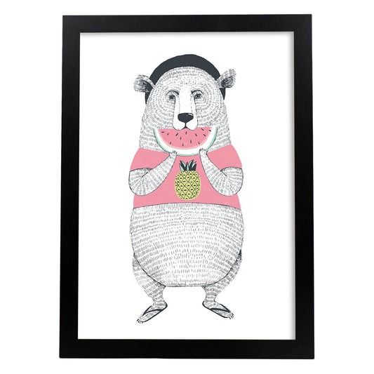 Poster de Oso comiendo sandia. Lámina de animales coloridos.-Artwork-Nacnic-A4-Marco Negro-Nacnic Estudio SL