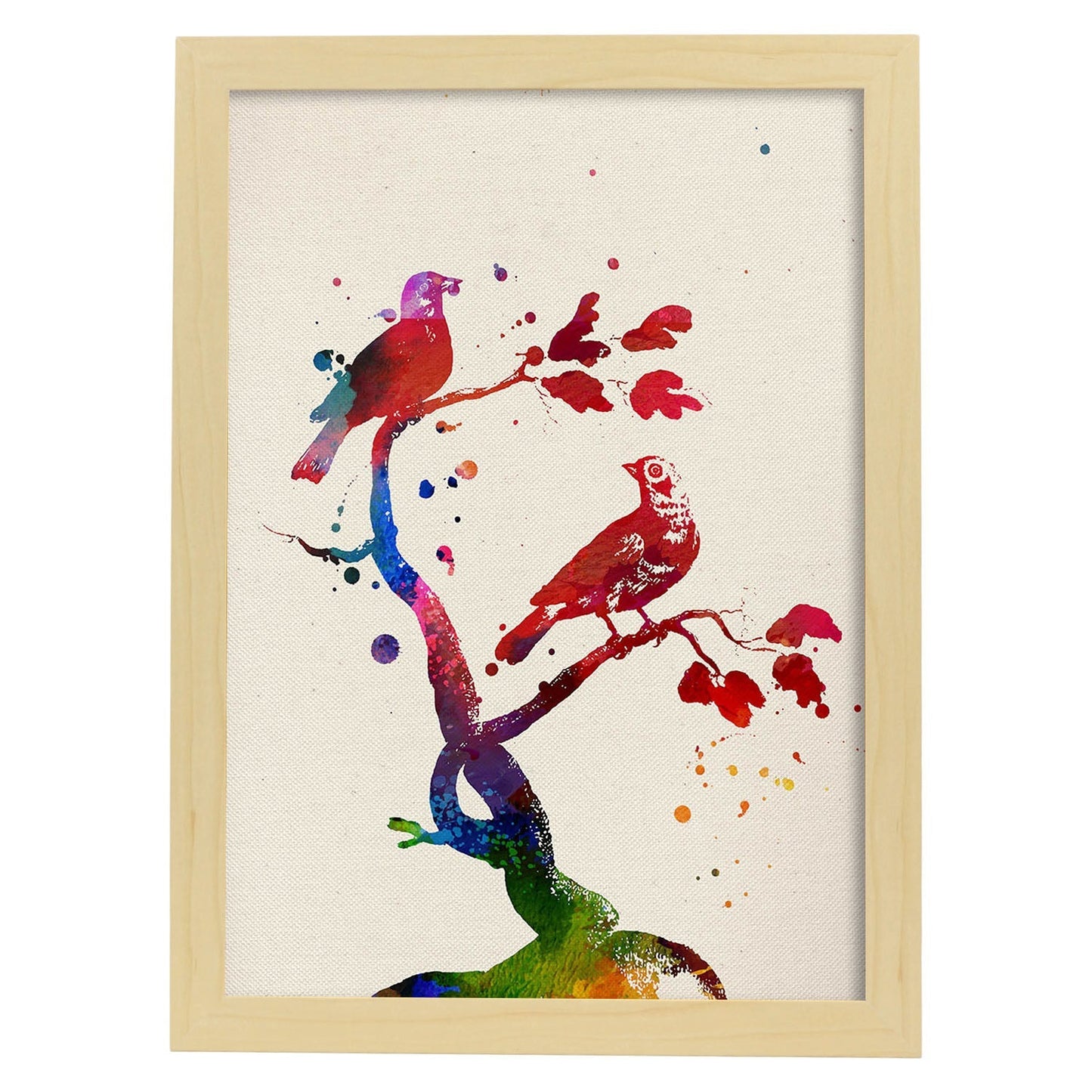 Poster de Pájaros con diseño acuarela. Mix de láminas con estilo acuarela-Artwork-Nacnic-A4-Marco Madera clara-Nacnic Estudio SL