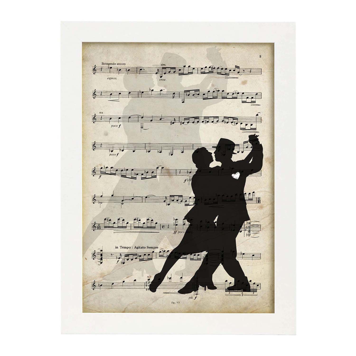 Poster de Pareja bailando tango. Láminas de imágenes con partituras. Diseño de música para el hogar.-Artwork-Nacnic-A3-Marco Blanco-Nacnic Estudio SL