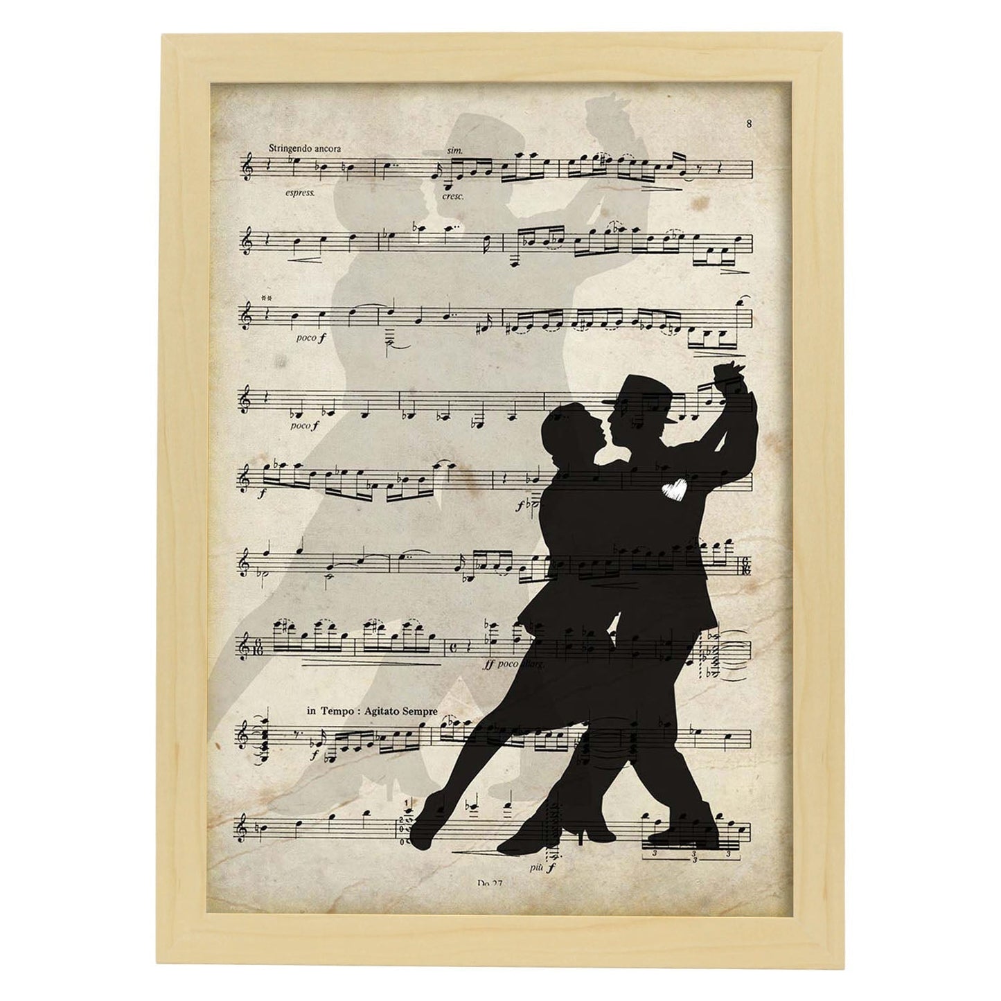 Poster de Pareja bailando tango. Láminas de imágenes con partituras. Diseño de música para el hogar.-Artwork-Nacnic-A3-Marco Madera clara-Nacnic Estudio SL