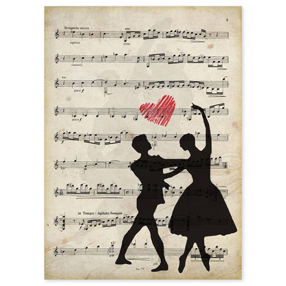 Poster de Pareja de ballet sobre partitura. Láminas de imágenes con partituras. Diseño de música para el hogar.-Artwork-Nacnic-A4-Sin marco-Nacnic Estudio SL