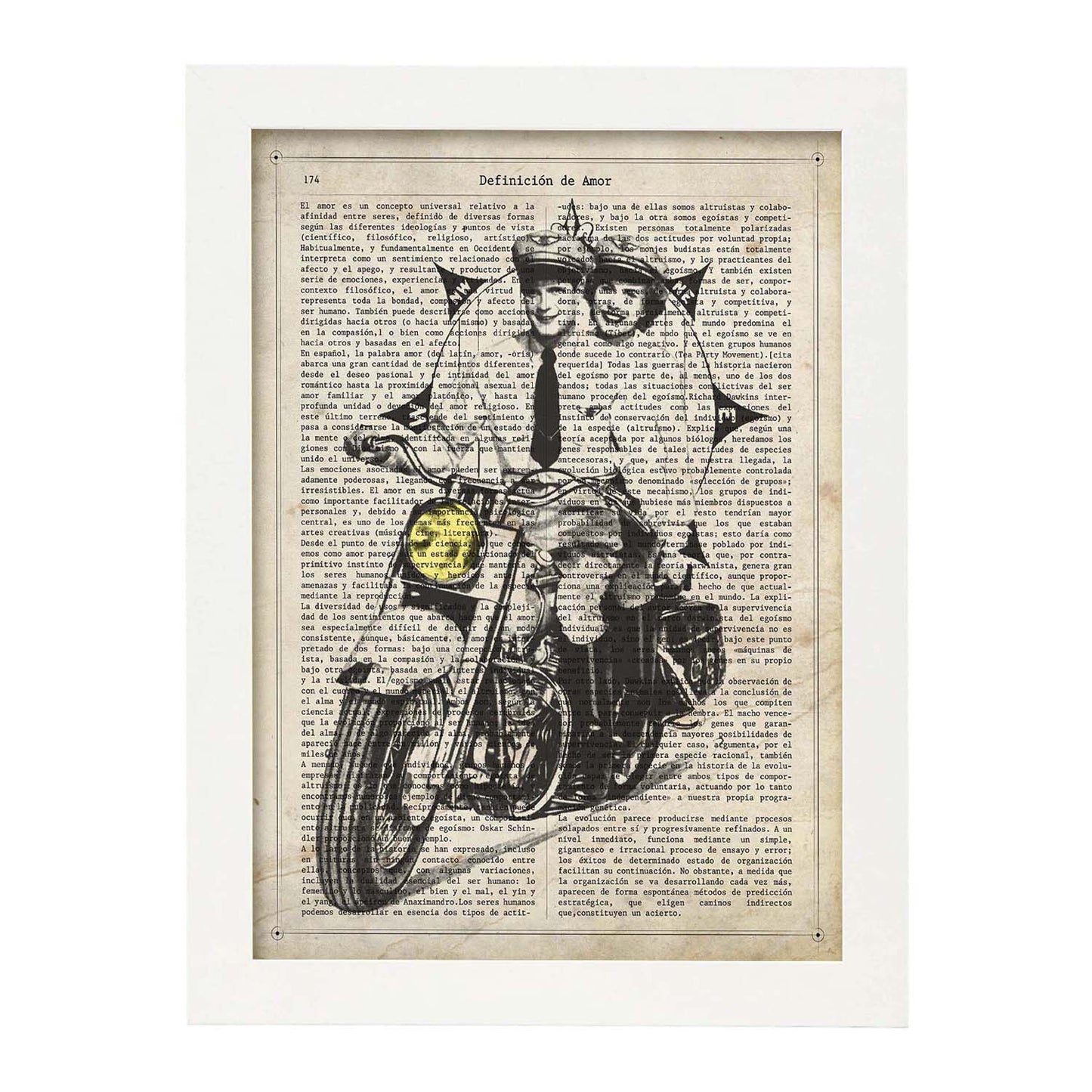 Poster de Pareja en moto con brujula. Láminas de vehículos con definiciones. Ilustraciones vintage de coches, motos, aviones, -Artwork-Nacnic-A3-Marco Blanco-Nacnic Estudio SL