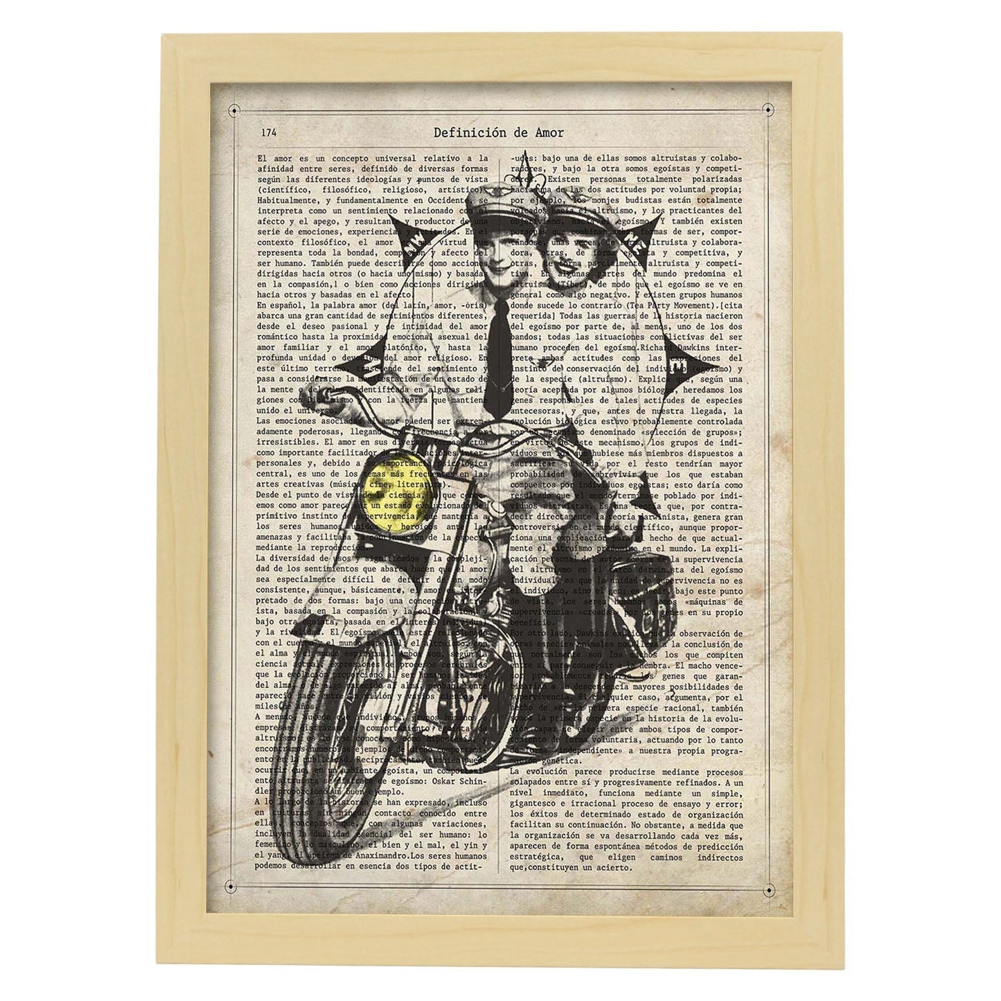 Poster de Pareja en moto con brujula. Láminas de vehículos con definiciones. Ilustraciones vintage de coches, motos, aviones, -Artwork-Nacnic-A3-Marco Madera clara-Nacnic Estudio SL