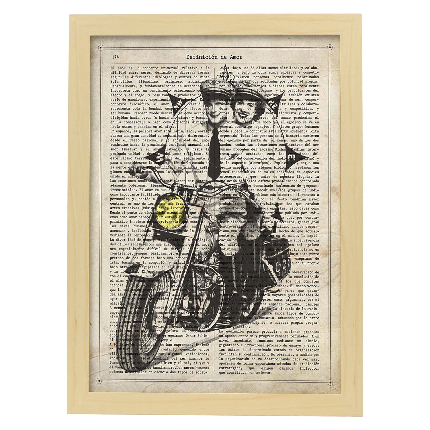 Poster de Pareja en moto con brujula. Láminas de vehículos con definiciones. Ilustraciones vintage de coches, motos, aviones, -Artwork-Nacnic-A4-Marco Madera clara-Nacnic Estudio SL