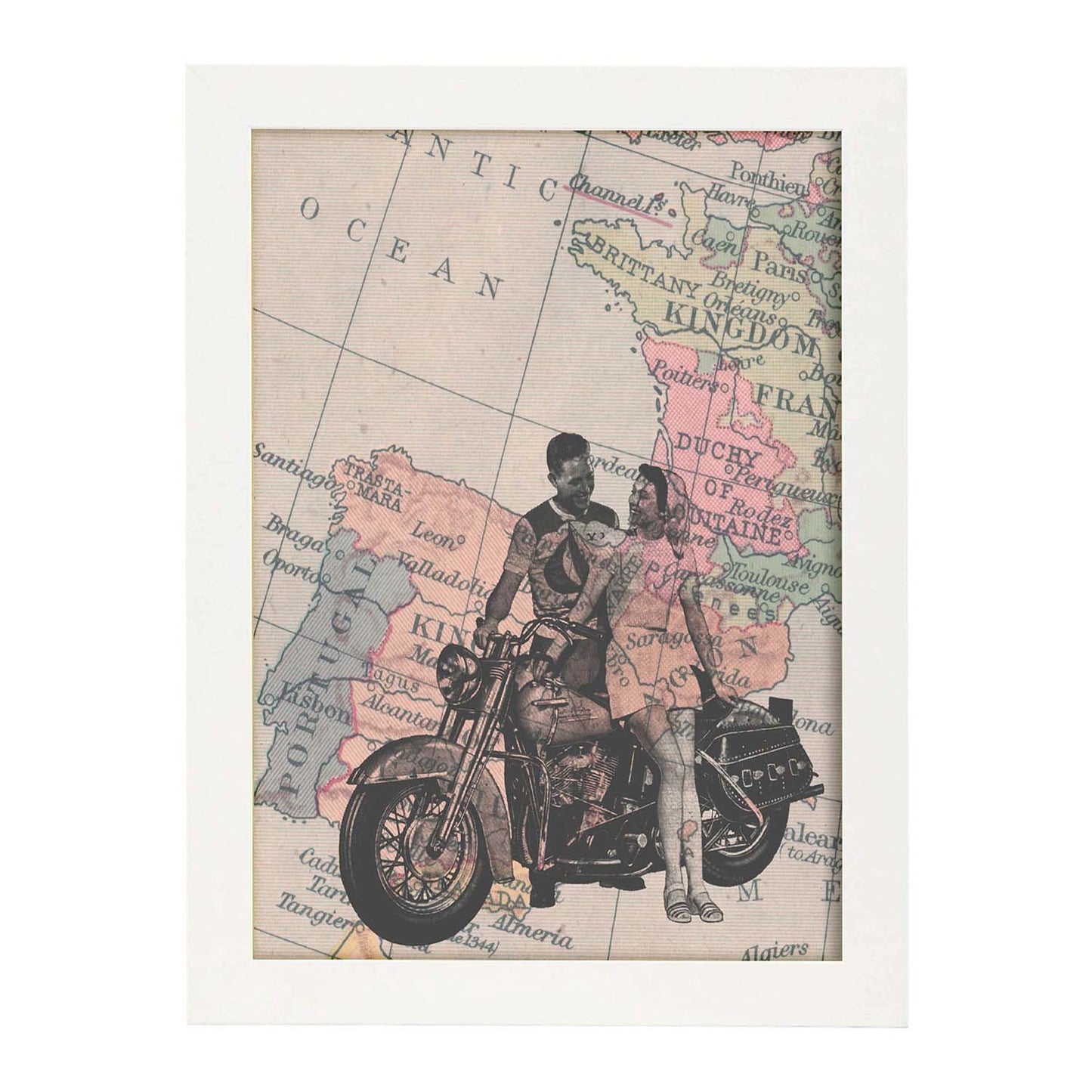 Poster de Pareja en moto en España. Láminas de mapas del mundo. Decoración con mapas e imágenes vintage.-Artwork-Nacnic-A3-Marco Blanco-Nacnic Estudio SL