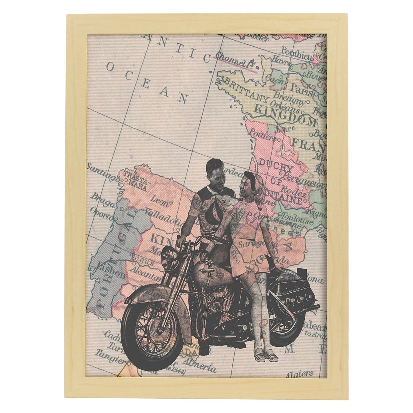 Poster de Pareja en moto en España. Láminas de mapas del mundo. Decoración con mapas e imágenes vintage.-Artwork-Nacnic-A3-Marco Madera clara-Nacnic Estudio SL