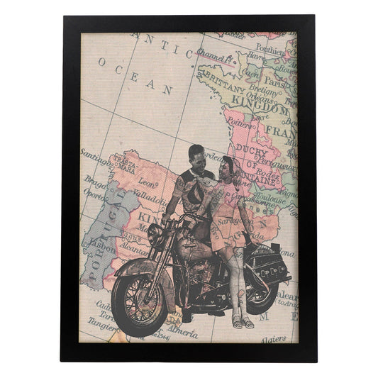 Poster de Pareja en moto en España. Láminas de mapas del mundo. Decoración con mapas e imágenes vintage.-Artwork-Nacnic-A4-Marco Negro-Nacnic Estudio SL