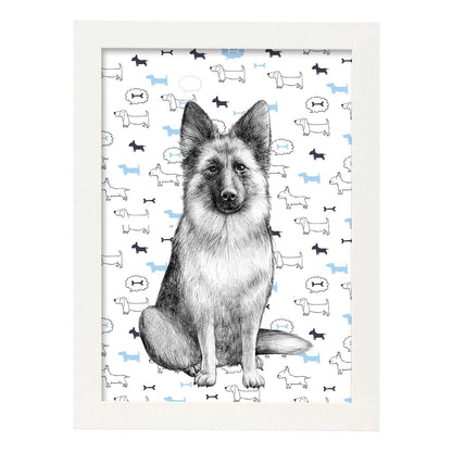 Poster de Pastor aleman estampado. Lámina decorativa de perros.-Artwork-Nacnic-A4-Marco Blanco-Nacnic Estudio SL