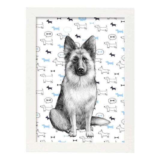 Poster de Pastor aleman estampado. Lámina decorativa de perros.-Artwork-Nacnic-A4-Marco Blanco-Nacnic Estudio SL