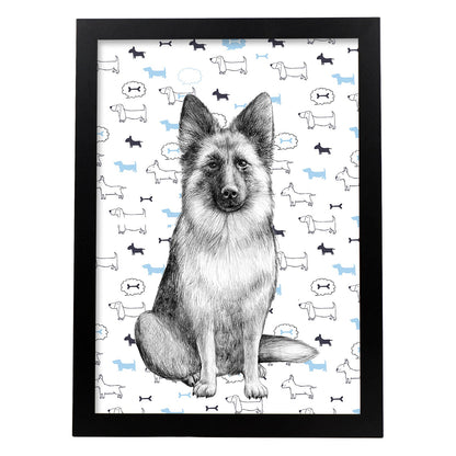 Poster de Pastor aleman estampado. Lámina decorativa de perros.-Artwork-Nacnic-A4-Marco Negro-Nacnic Estudio SL