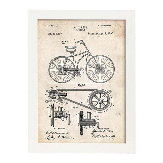 Poster de patente de bicicleta. Lámina para enmarcar. Patentes, planos de inventos famosos. Decoracion de hogar.-Artwork-Nacnic-A3-Marco Blanco-Nacnic Estudio SL